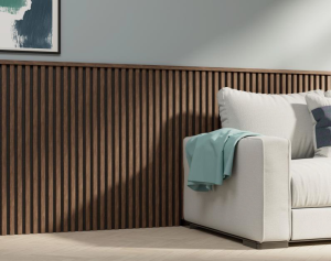 Lot 2 panneaux décoratifs noyer fond noir feutrine PET recyclé latte MDF - px 2m60x0m30 ép.17mm soit 0,78m²/px